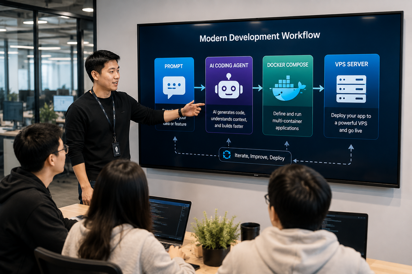 2-A developer presents an AI-powered deployment workflow in a modern startup meeting room..png