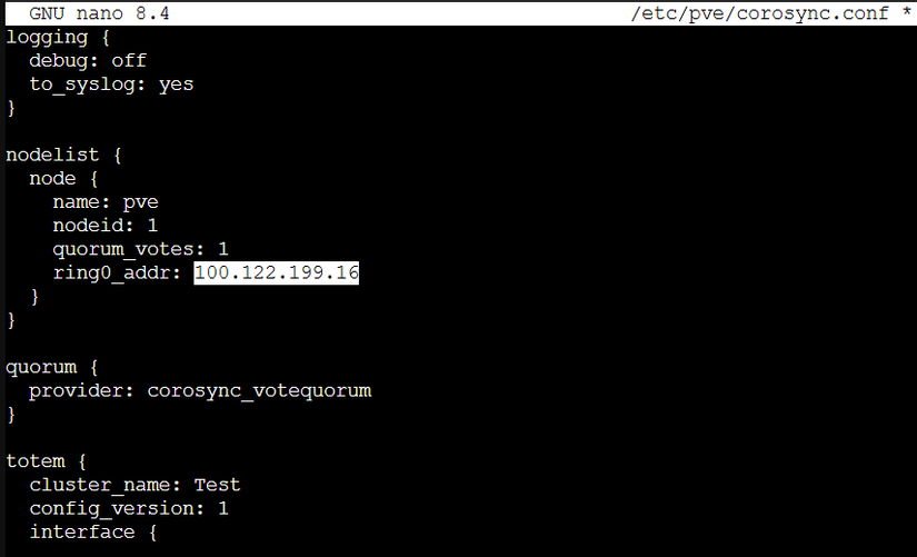 Tạo Cluster - nano /etc/pve/corosync
