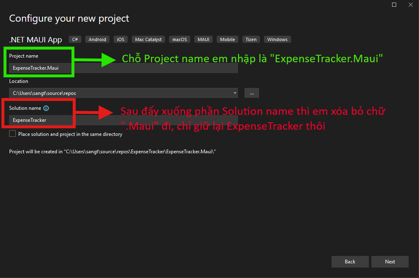 Tạo solution khác tên với project