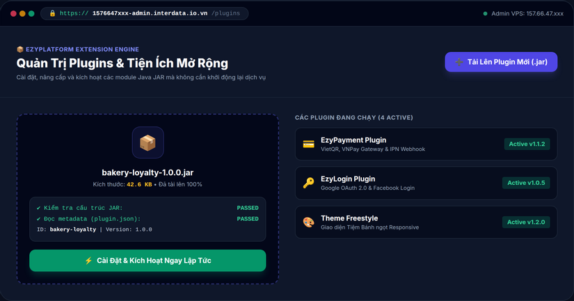 Giao diện Admin Plugin Manager tải lên file bakery-loyalty-1.0.0.jar
