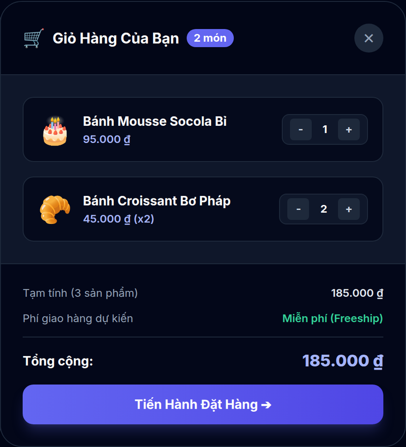 Drawer giỏ hàng trượt ra từ bên phải màn hình