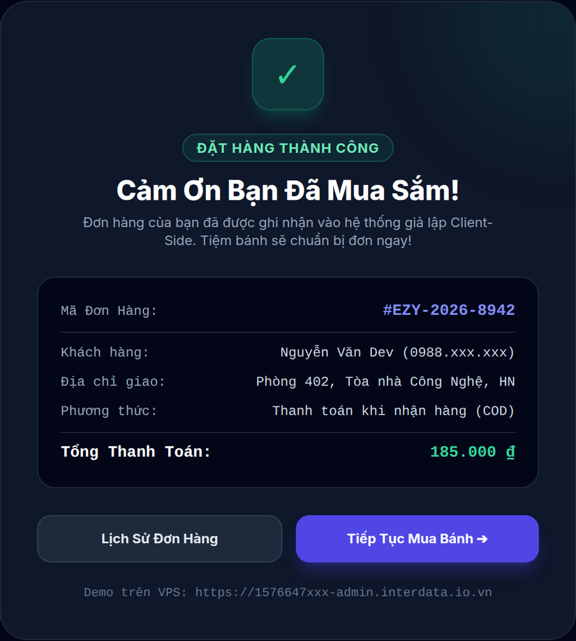 Modal đặt hàng thành công kèm mã đơn giả lập