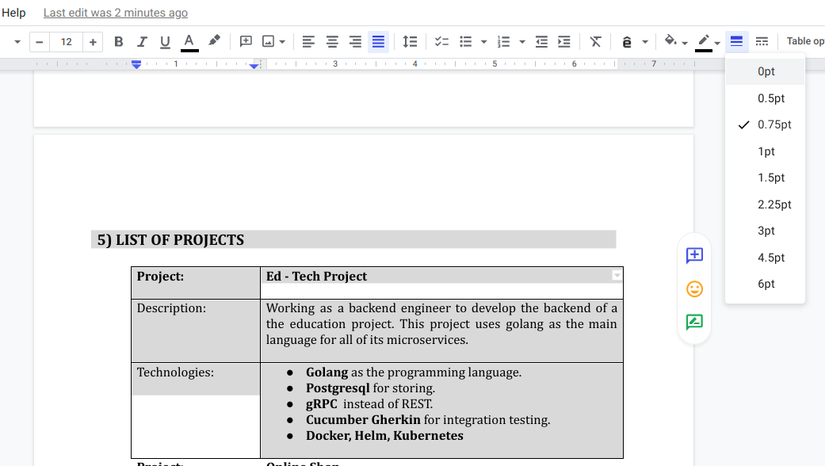 cv - remove border table 1