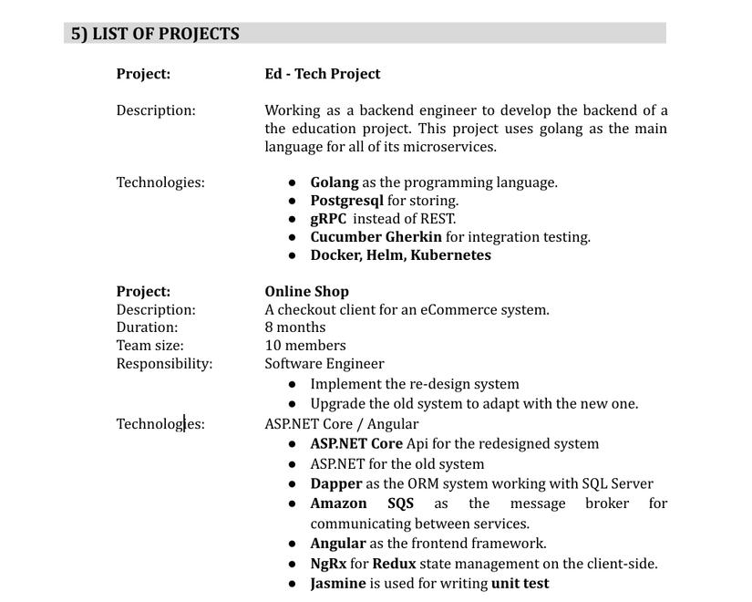 project list trong cv