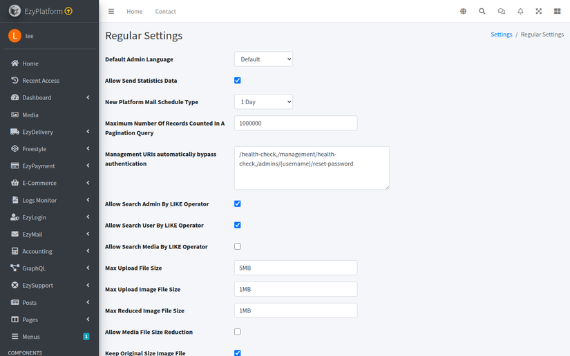 Cấu hình hệ thống trong trang settings/regular