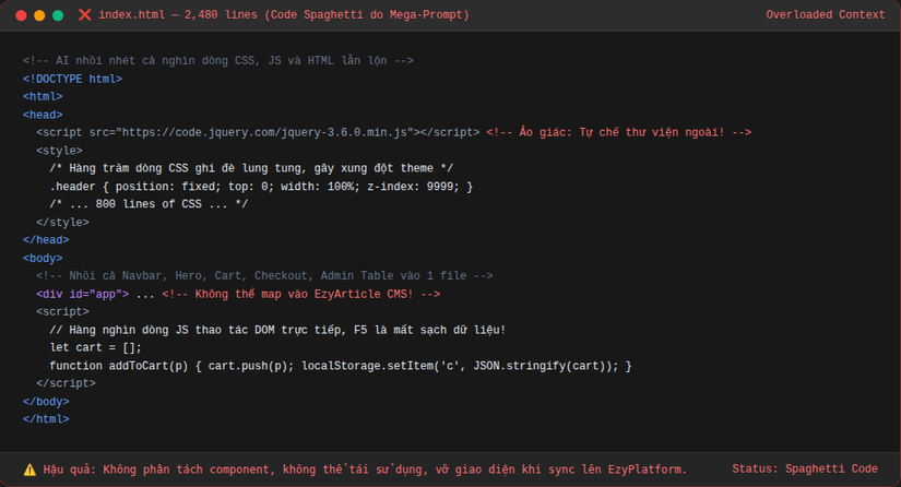 Hậu quả của Mega-Prompt: File code spaghetti khổng lồ