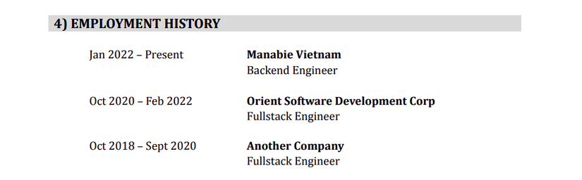 lịch sử làm việc trong các công ty cũ