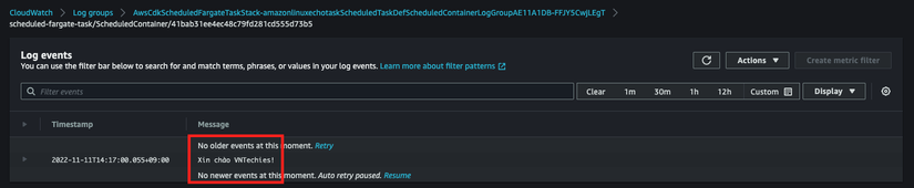 Log được tạo bởi tác vụ Fargate được lên lịch