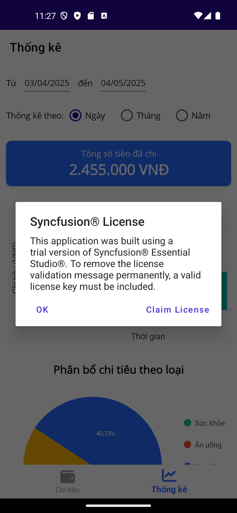 Sử dụng thư viện Syncfusion mà không trả phí thì lần đầu vào tab thống kê sẽ hiển thị thông báo như thế này. Nhấn OK xong thì không hiện nữa