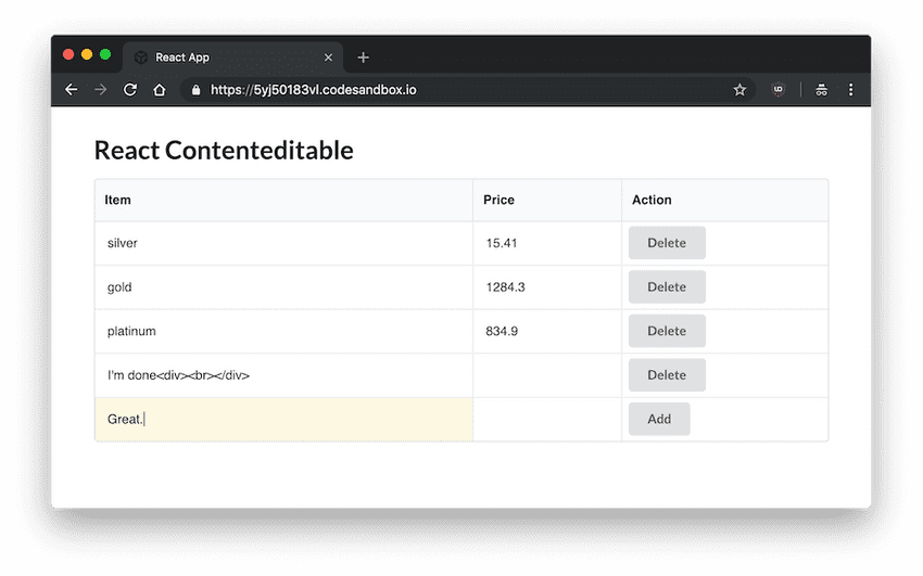 Sử dụng Content Editable Elements trong JavaScript (React)
