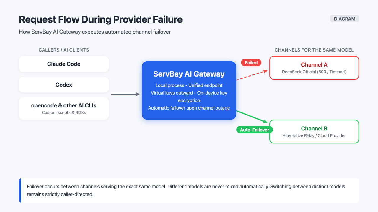 Sơ đồ luồng failover kênh của ServBay AI Gateway