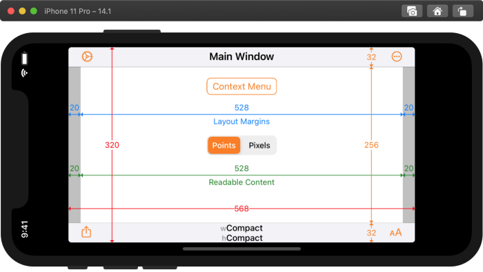 Xcode 11.7 build of Adaptivity on iPhone 11 Pro running iOS 14.1 in landscape with Display Zoom