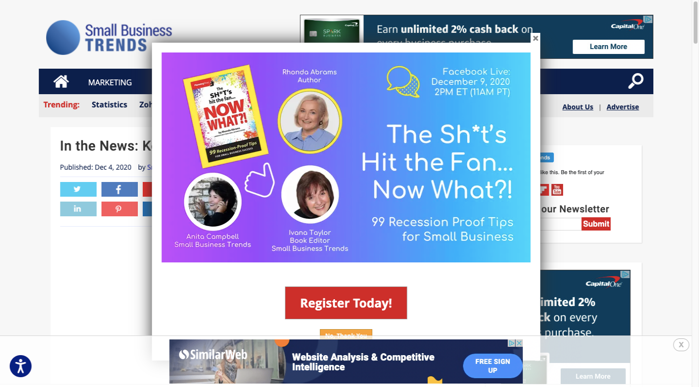 Small Business Trends displays a recession-related pop-up the second someone enters the website.
