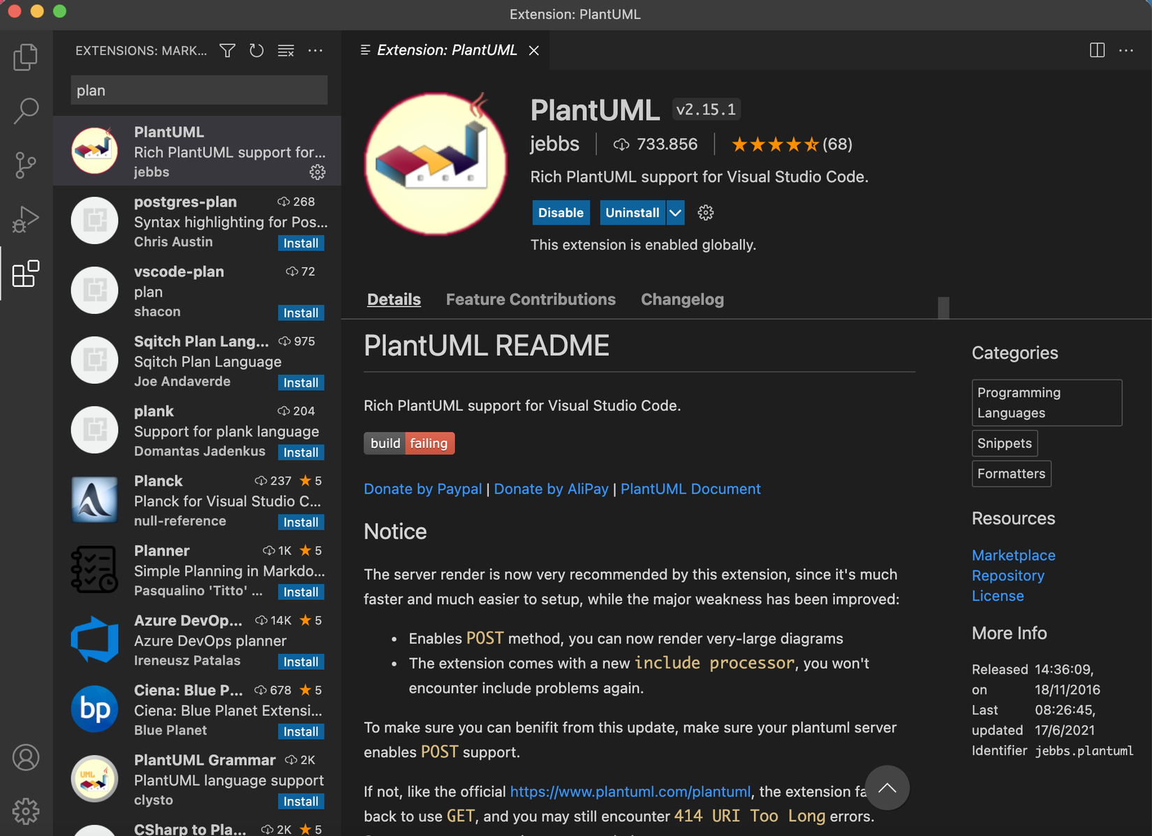 Install extention PlantUML in Visual Studio Code