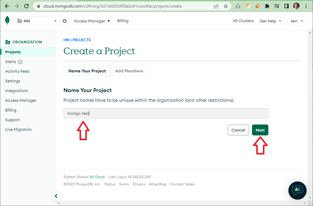 đặt tên project mongoDB