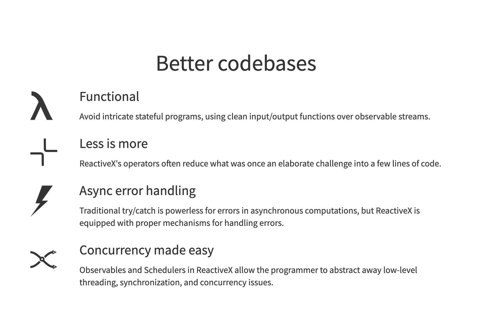 Các ưu điểm Reactive được liệt kê trên trang chủ của ReactiveX