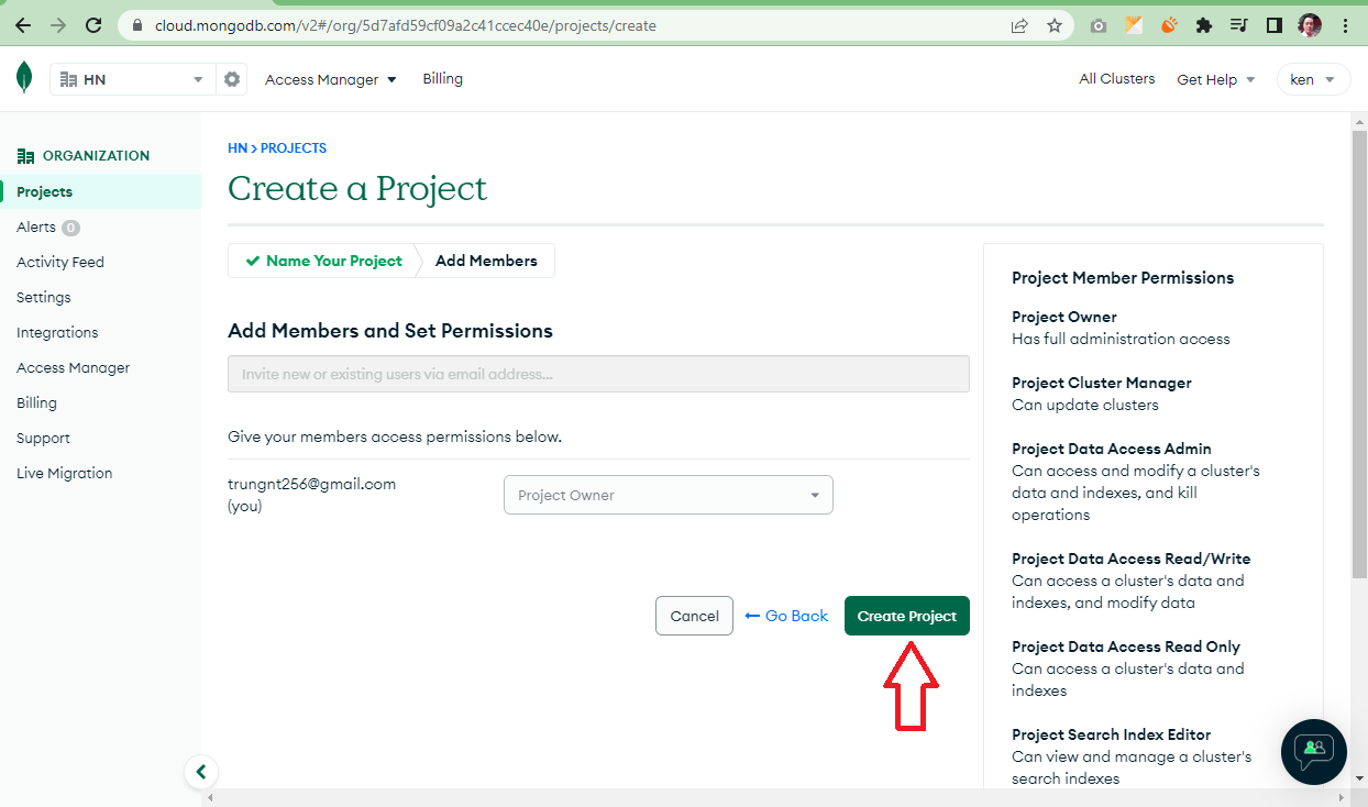 Thêm thành viên và set quyền truy cập project mongoDB