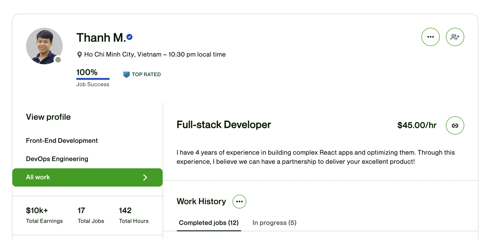 Profile Upwork của mình. Chắc là cũng đủ để có thể chia sẻ với mọi người