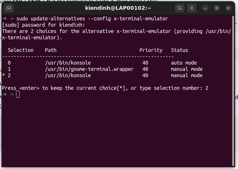 Chọn konsole làm terminal mặc định