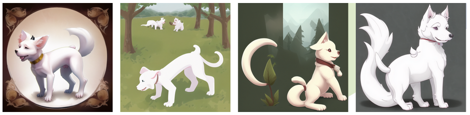 Với cùng một prompt White dog with long tail, các LoRA adapter cho chúng ta các style khác nhau