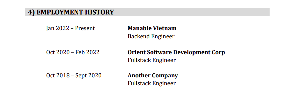 lịch sử làm việc trong các công ty cũ