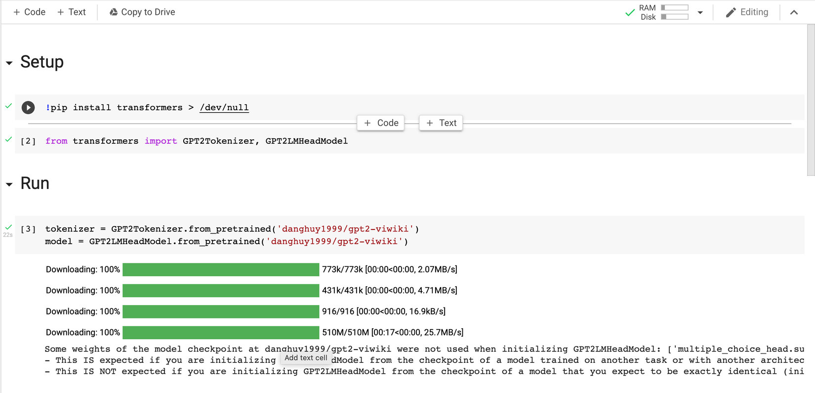 Giao diện chạy colab GPT2 viwiki