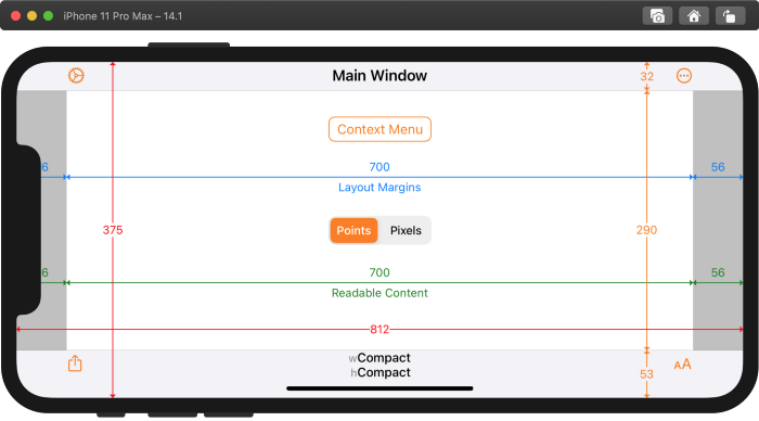 Xcode 12.1 build of Adaptivity on iPhone 11 Pro Max running iOS 14.1 in landscape with Display Zoom