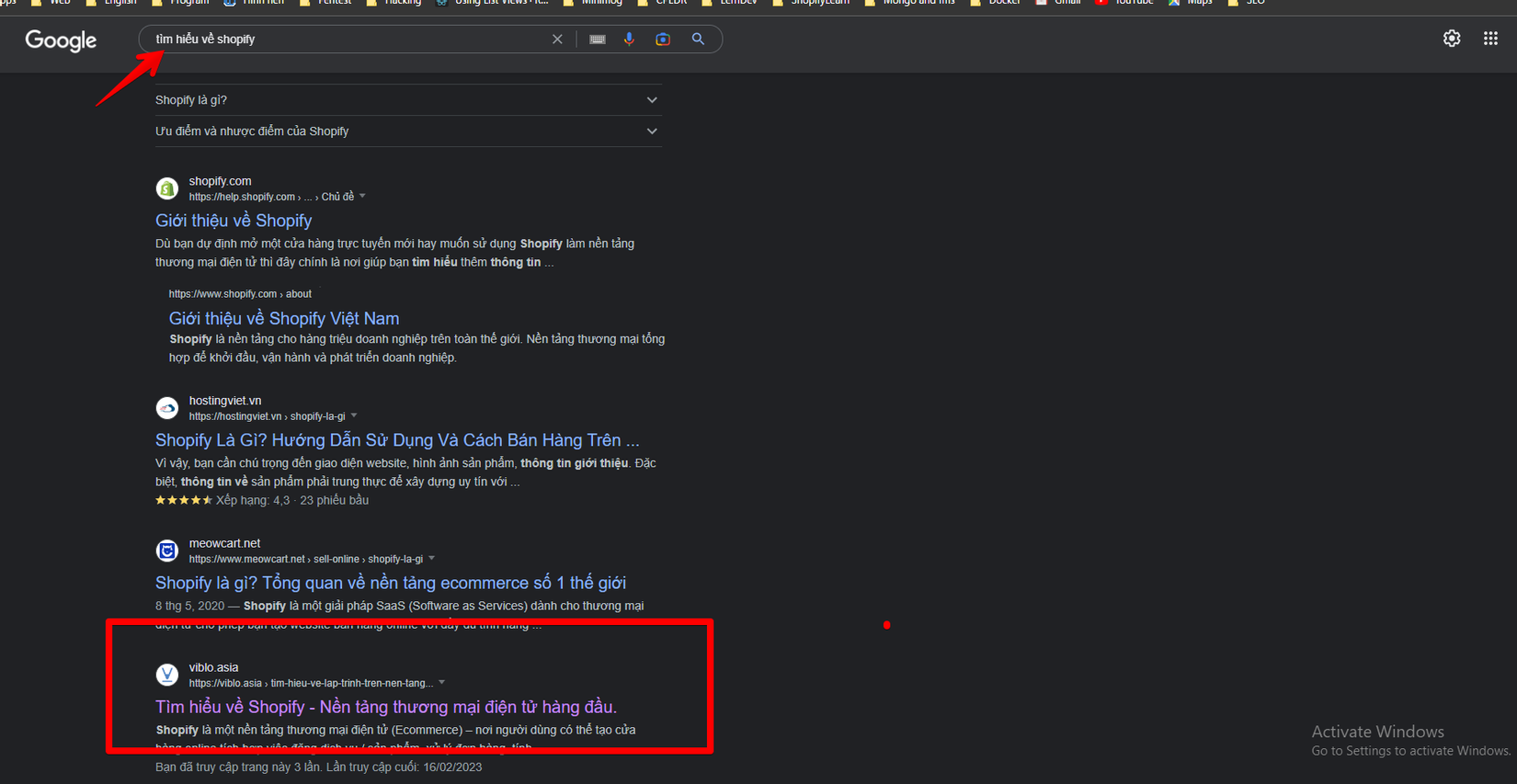 Kết quả tìm kiếm từ khóa tìm hiểu về Shopify