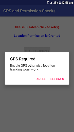 Example UI reacting to the disabled state of GPS