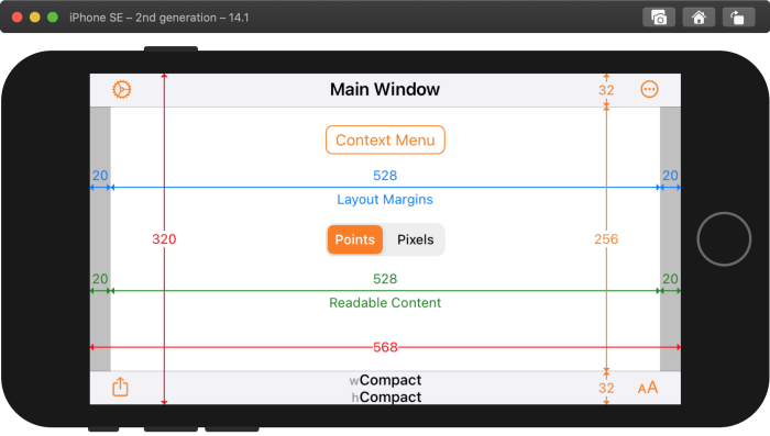 Xcode 12.1 build of Adaptivity on 2nd generation iPhone SE running iOS 14.1 in landscape with Display Zoom